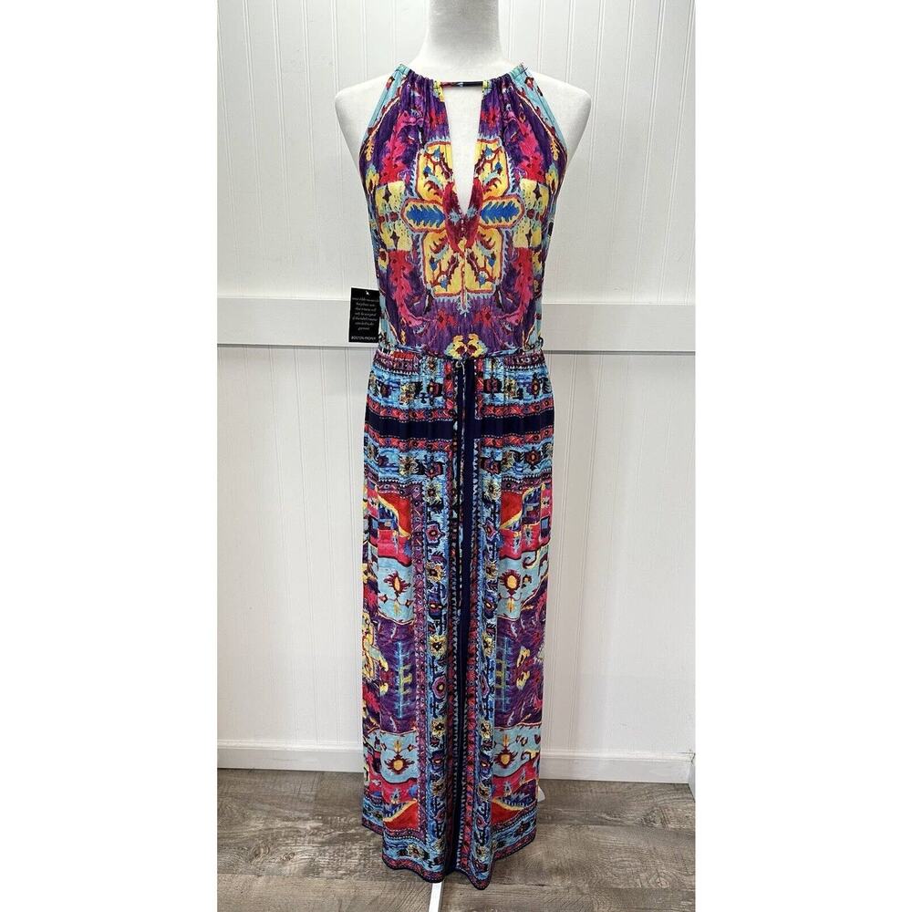 Halter Maxi Dress Alexia Admor XS Multicolor Boho Aztec Pattern Cut Out Slit NEW